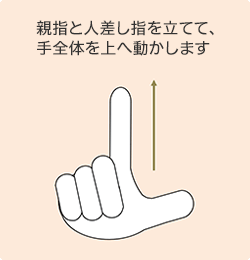 親指と人差し指を立てて、手全体を上へ動かします