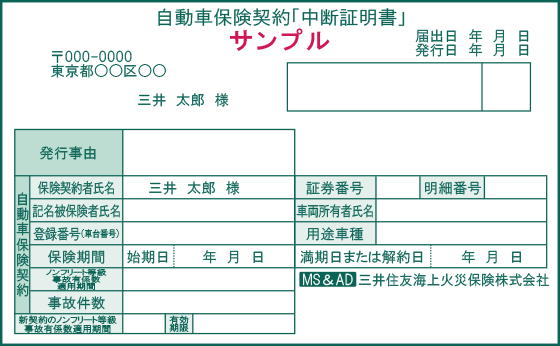 自動車保険の中断証明書のイメージ