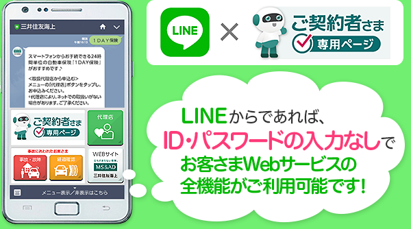 LINE×ご契約者さま専用ページ　LINEからであれば、ID・パスワードの入力なしでご契約者さま専用ページの全機能がご利用可能です！