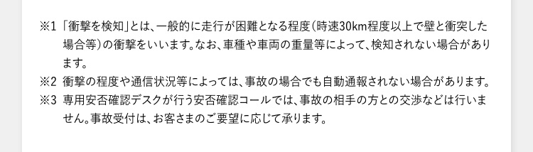 ※1「衝撃を検知」とは、一般的に走行が困難となる程度（時速30km程度以上で壁と衝突した場合等）の衝撃をいいます。なお、車種や車両の重量等によって、検知されない場合があります。 ※2衝撃の程度や通信状況等によっては、事故の場合でも自動通報されない場合があります。 ※3専用安否確認デスクが行う安否確認コールでは、事故の相手の方との交渉などは行いません。事故受付は、お客さまのご要望に応じて承ります。