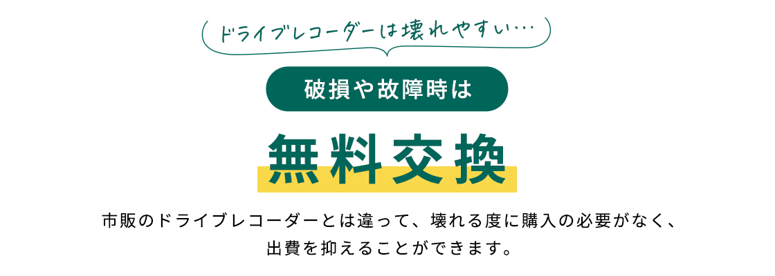 破損や故障時も無料交換 市販のドライブレコーダーとは違って、壊れる度に購入の必要がなく、出費を抑えることができます。