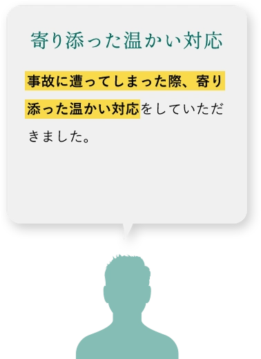 寄り添った温かい対応 事故に遭ってしまった際、寄り添った温かい対応をしていただきました。