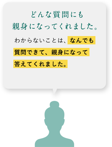 どんな質問にも親身になってくれました。わからないことは、なんでも質問できて、親身になって答えてくれました。