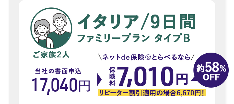 イタリア/9日間 ファミリープランタイプB ご家族２人 当社の書面申込 17,040円 ネットde保険@とらべるなら 7,010円 リピーター割引適用の場合6,670円！ 約58%割引