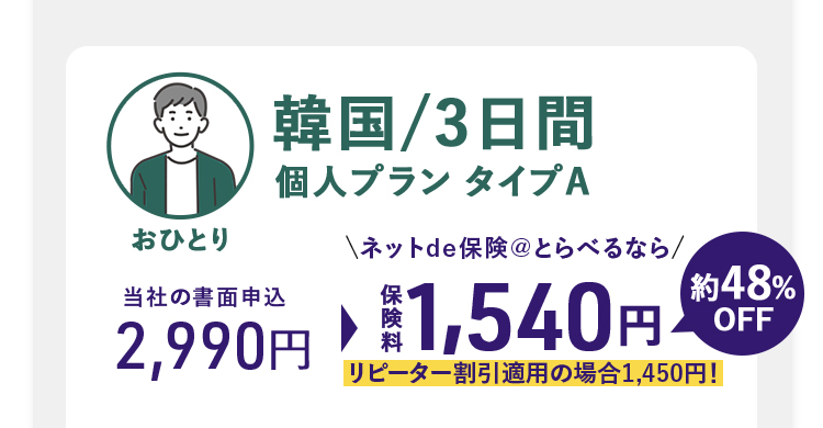 韓国/3日間 個人セットプランタイプA おひとり 当社の書面申込 2,990円 ネットde保険@とらべるなら 1,540円 リピーター割引適用の場合1,450円！ 約48%割引