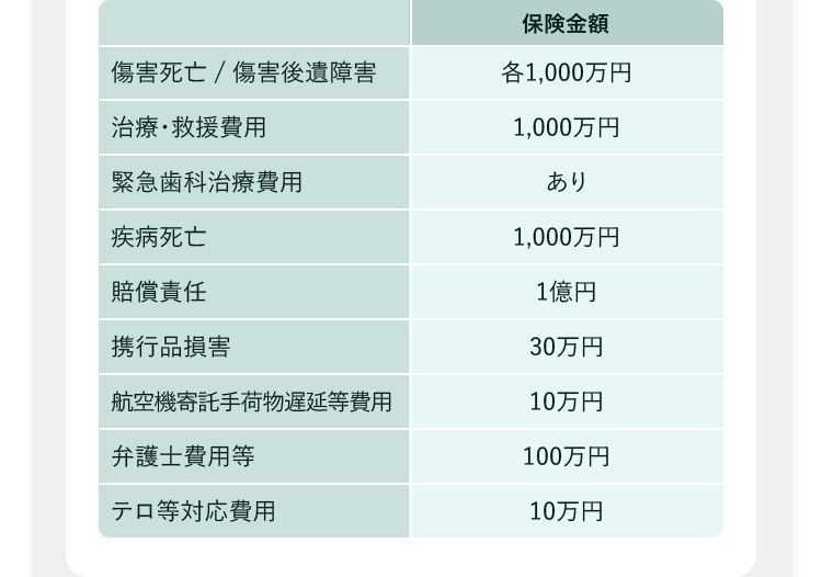 保険金額 傷害死亡／傷害後遺障害 各1,000万円 治療・救援費用 1,000万円 緊急歯科治療費用 あり 疾病死亡 1,000万円 賠償責任 1億円 携行品損害 30万円 航空機寄託手荷物遅延等費用 10万円 弁護士費用等 100万円 テロ等対策費用 10万円