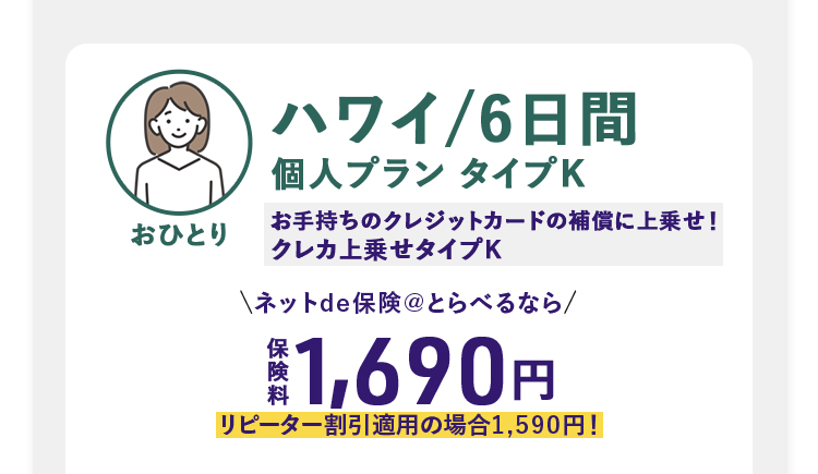 ハワイ/6日間 個人セットプランタイプK お手持ちのクレジットカードの補償に上乗せ！クレカ上乗せタイプK おひとり ネットde保険@とらべるなら 1,690円 リピーター割引適用の場合1,590円！