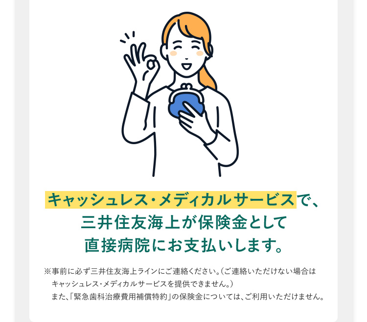 キャッシュレス・メディカルサービスで、三井住友海上が保険金として直接病院にお支払いします。※事前に必ず三井住友海上ラインにご連絡ください。（ご連絡いただけない場合はキャッシュレス・メディカルサービスを提供できません。）