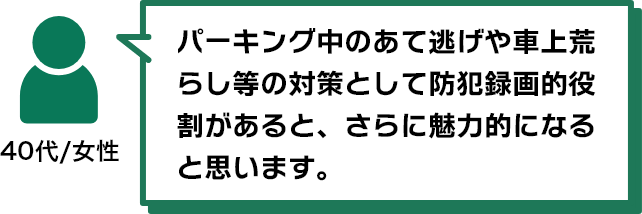 パーキング中のあて逃げや車上荒らし等の対策として防犯録画的役割があると、さらに魅力的になると思います。