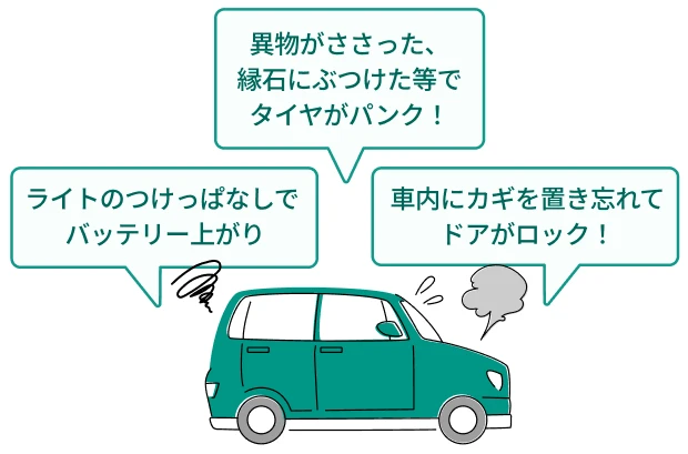異物がささった、縁石にぶつけた等でタイヤがパンク！ ライトのつけっぱなしでバッテリー上がり 車内にカギを置き忘れてドアがロック！