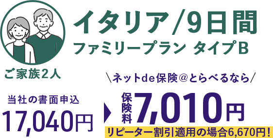 ご家族2人 イタリア／9日間 ファミリープランタイプB 当社の書面申込 17,040円 ネットde保険＠とらべるなら 7,010円 リピーター割引適用の場合6,670円！