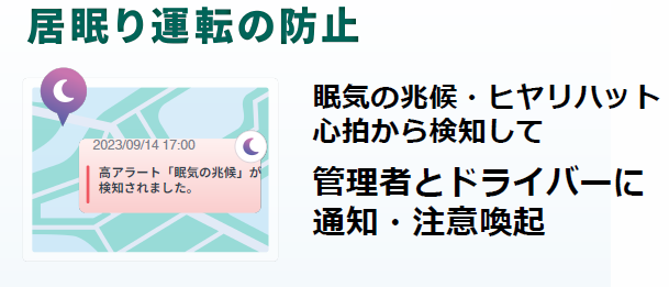 居眠り運転の防止／眠気の兆候・ヒヤリハット 心拍から検知して 管理者とドライバーに通知・注意喚起
