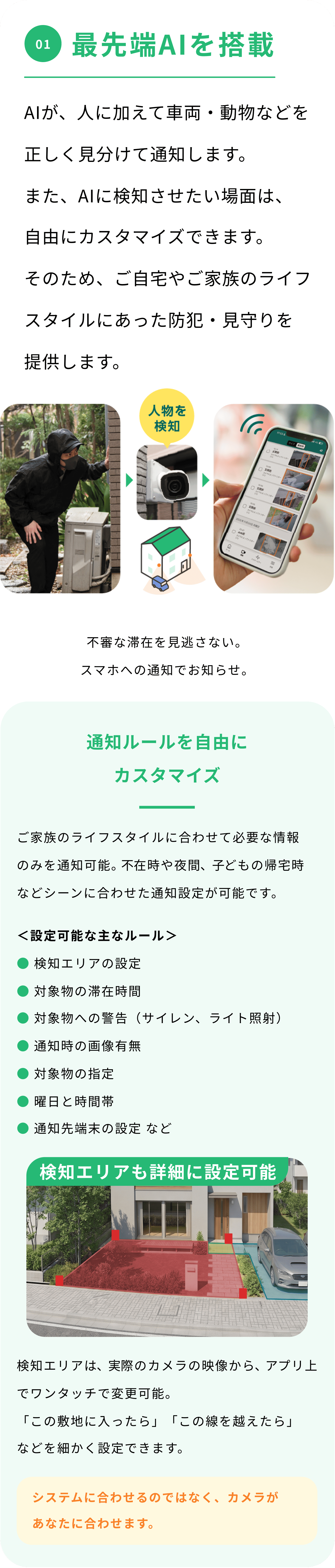 01 最先端AIを搭載 AIが、人に加えて車両・動物などを正しく見分けて通知します。また、AIに検知させたい場面は、自由にカスタマイズできます。そのため、ご自宅やご家族のライフスタイルにあった防犯・見守りを提供します。 不審な滞在を見逃さない。スマホへの通知でお知らせ。 通知ルールを自由にカスタマイズ ご家族のライフスタイルに合わせて必要な情報のみを通知可能。不在時や夜間、子どもの帰宅時などシーンに合わせた通知設定が可能です。 ＜設定可能な主なルール＞ 検知エリアの設定 対象物の滞在時間 対象物への警告（サイレン、ライト照射） 通知時の画像有無 対象物の指定 曜日と時間帯 通知先端末の設定 など 検知エリアも詳細に設定可能 検知エリアは、実際のカメラの映像から、アプリ上でワンタッチで変更可能。「この敷地に入ったら」「この線を越えたら」などを細かく設定できます。 システムに合わせるのではなく、カメラがあなたに合わせます。