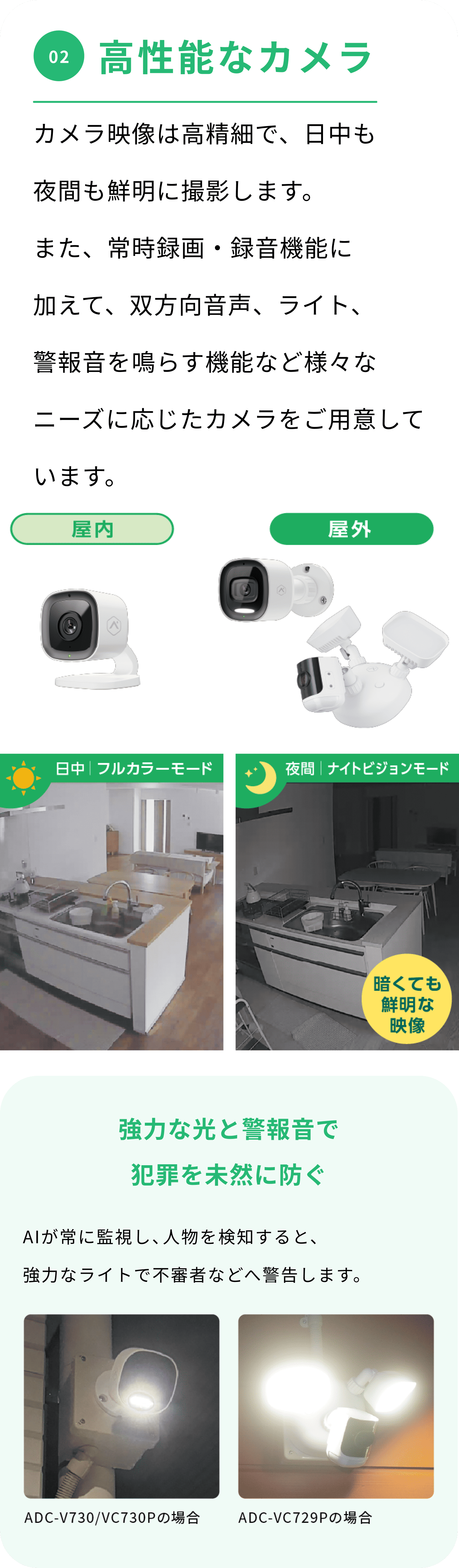 02 高性能カメラ カメラ映像は高精細で、日中も夜間も鮮明に撮影します。また、常時録画・録音機能に加えて、双方向音声、ライト、警報音を鳴らす機能など様々なニーズに応じたカメラをご用意しています。 強力な光と警報音で犯罪を未然に防ぐ AIが常に監視し、人物を検知すると、強力なライトで不審者などへ警告します。
