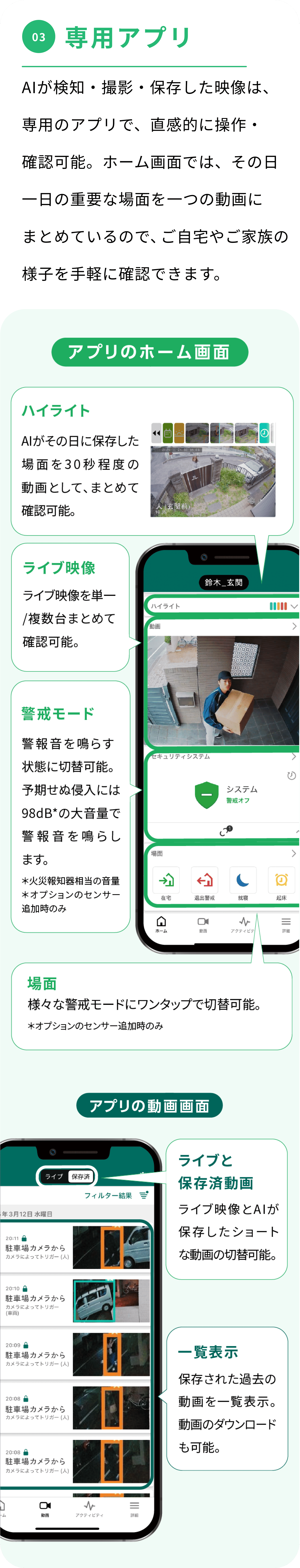 03 専用アプリ AIが検知・撮影・保存した映像は、専用のアプリで、直感的に操作・確認可能。ホーム画面では、その日一日の重要な場面を一つの動画にまとめているので、ご自宅やご家族の様子を手軽に確認できます。