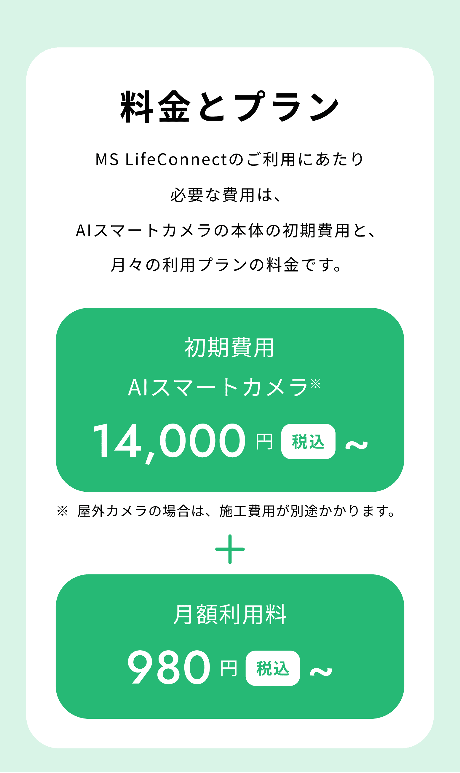 料金とプラン MS LifeConnectのご利用にあたり必要な費用は、AIスマートカメラの本体の初期費用と、月々の利用プランの料金です。 初期費用 AIスマートカメラ 14,000円（税込）～ ※屋外カメラの場合は、施工費用が別途かかります。 月額利用料 980円（税込）～