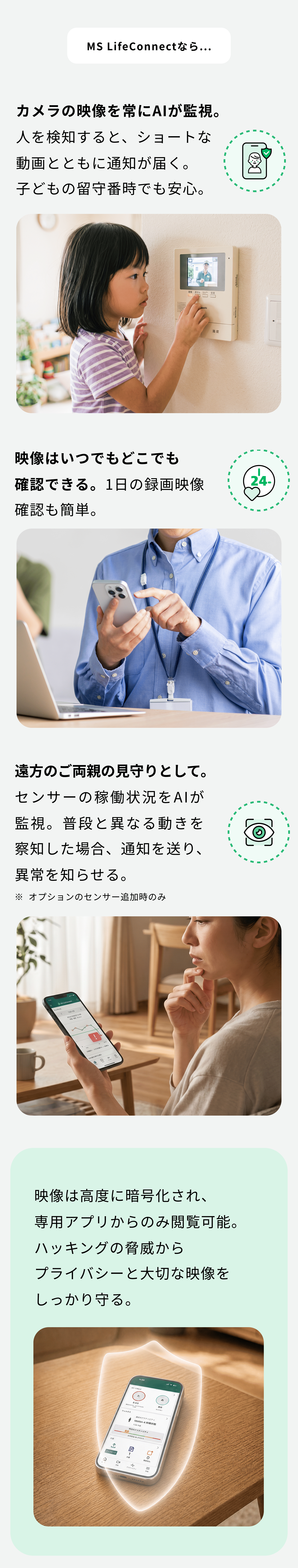 MS LifeConnectとは、リスクの専門家である三井住友海上が始めた防犯・見守りサービスです 住まいや暮らしにこんな不安やお悩みはありませんか？ 子どもを残して留守の間、知らない人が訪問していないか心配… 遠方の両親が元気に過ごしているか、気になる… 知らないうちに敷地内の自転車を動かされていた。頻繁に入られていないか不安…